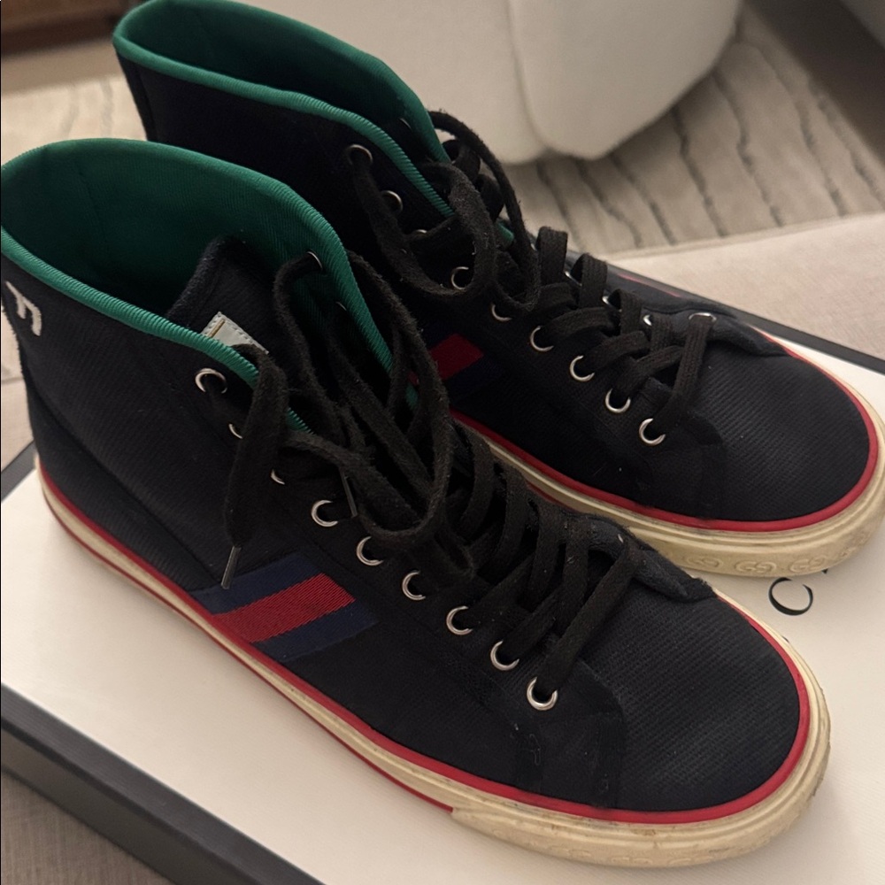 Gucci Stylish Black High-Top Sneakers with Red and Blue Stripes